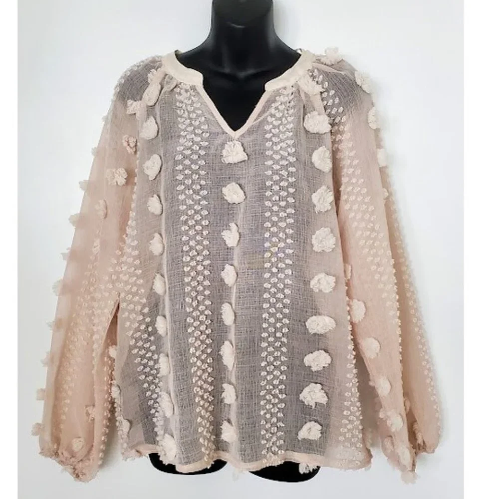NWT The Line of Style Sheer V-Neck 3D Tufty Puff Sleeve Cream Top Flowy Size S